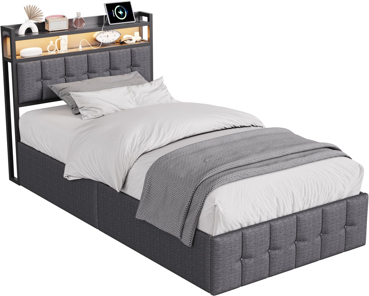 SHOPENTRA Gasveringbed 90x200 cm met Opbergruimte Grijs Linnen - afbeelding 3