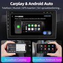 Carplay en Android Auto interface op het autoradio scherm, met telefoon in handen.