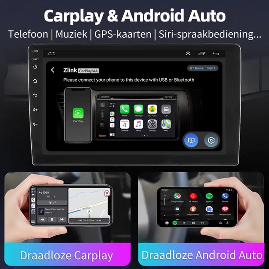 Carplay en Android Auto interface op het autoradio scherm, met telefoon in handen.