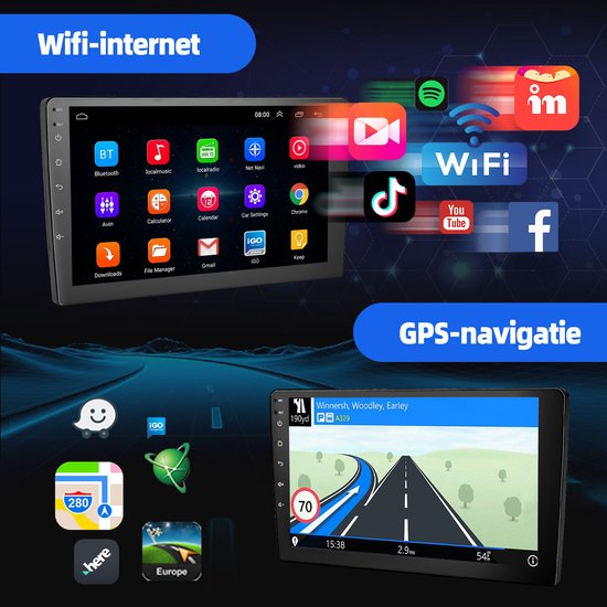Scherm van de autoradio met wifi-apps en GPS-navigatie.