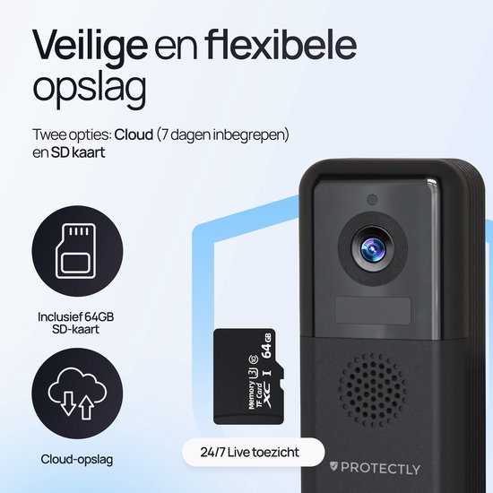 Zwarte deurbel met camera toont opties voor SD-kaart en cloud opslag, met 24/7 live toezicht icoon.