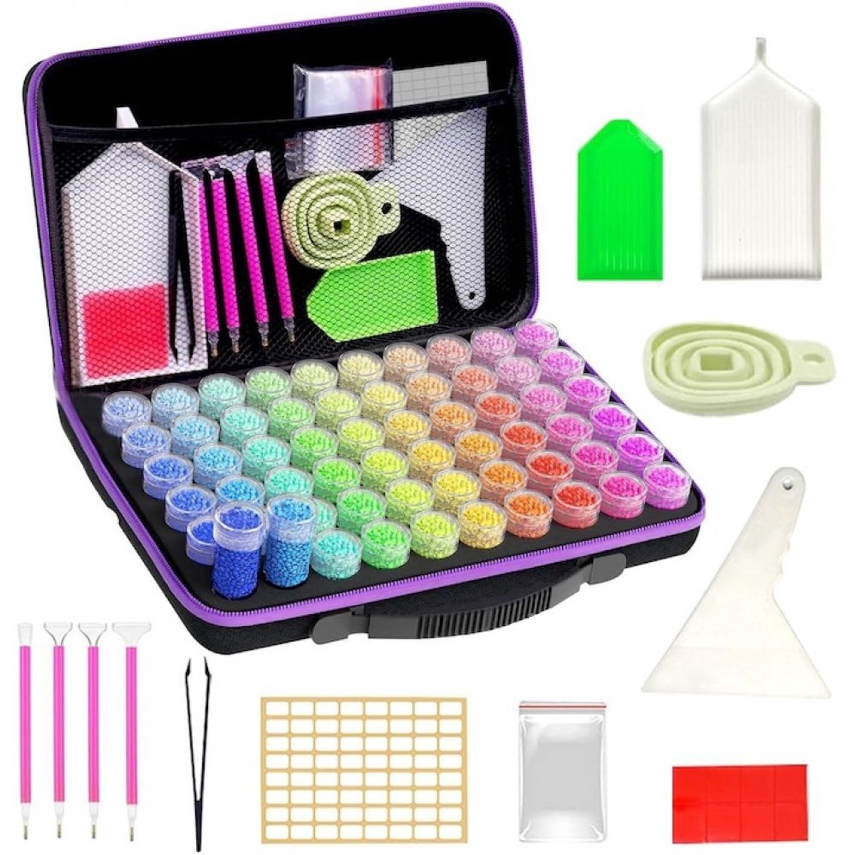 Gigicial Diamond Painting - Diamond Painting accessoires - 60 potjes met schroefdeksels en siliconen trechters - 1 set - Volwassenenmaat, Zwart/Paars