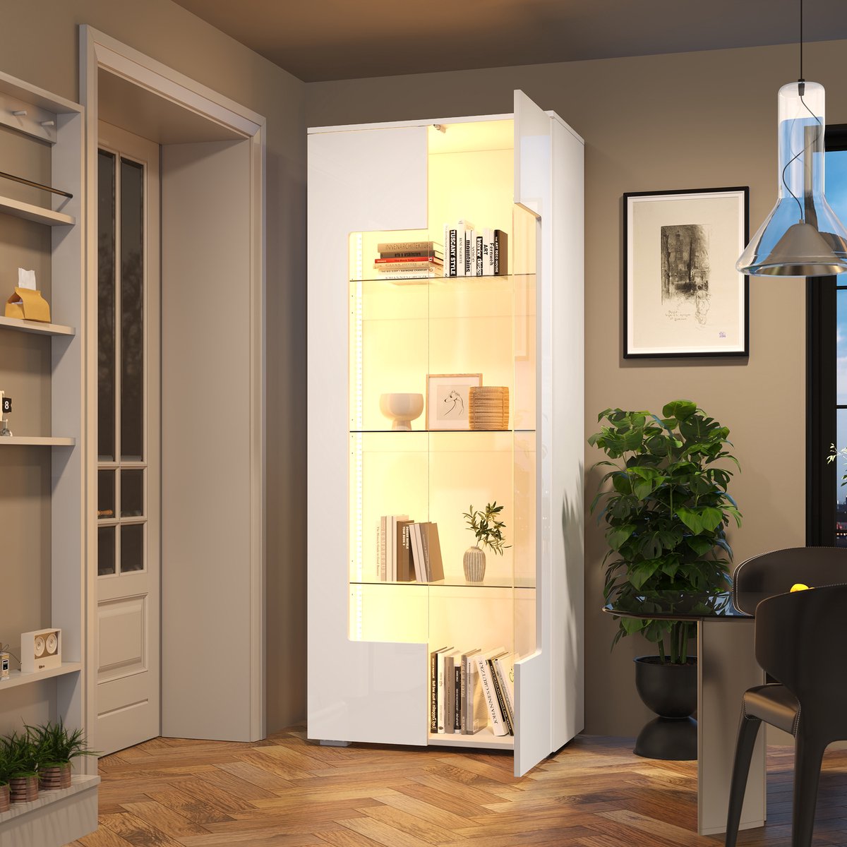 MIVRAY Vitrinekast - Hoogglans Wit Met LED Verlichting En 2 Deuren - Voor Woonkamer En Interieur - MDF - 70 X 40 X 173 Cm