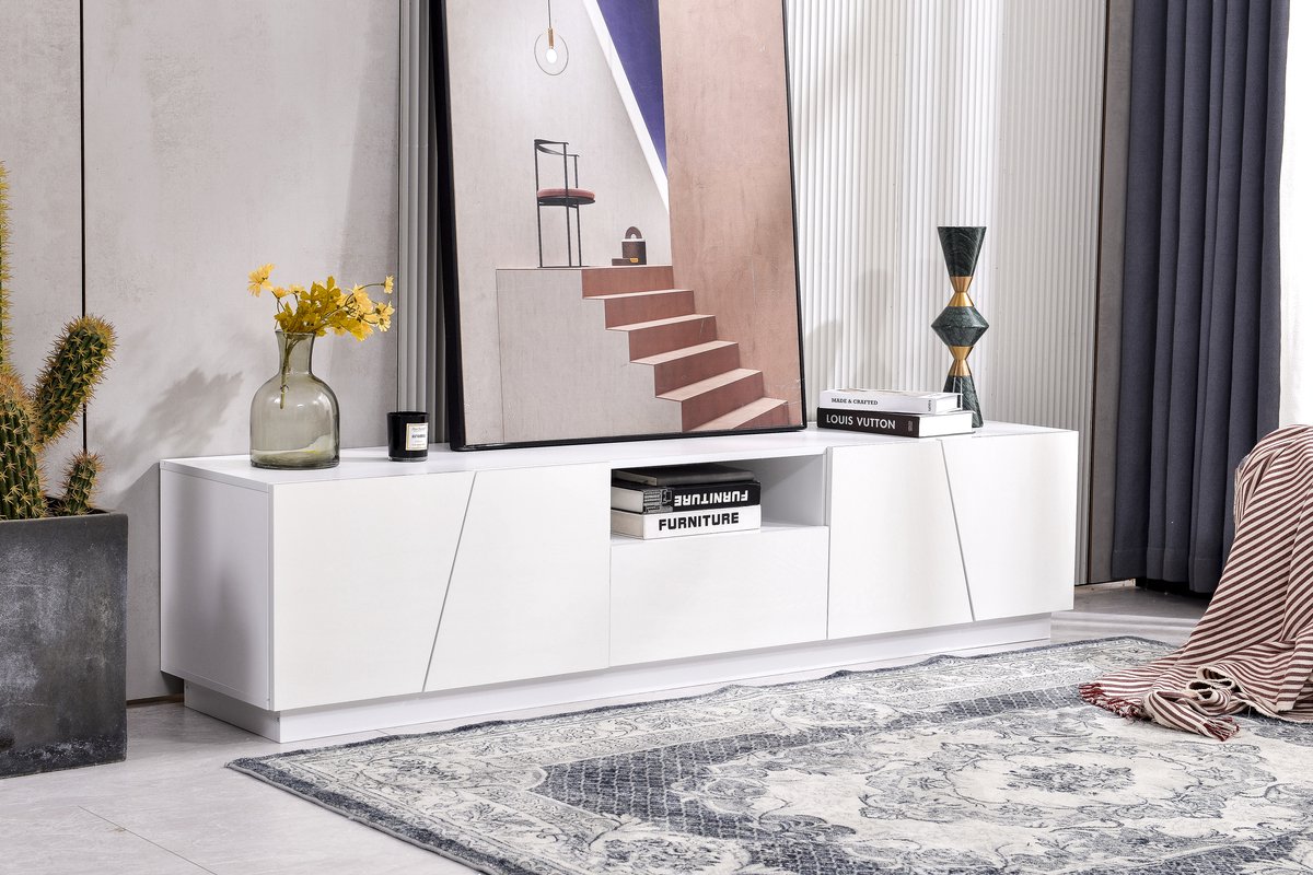 MIVRAY Tv Meubel - Patchwork Front Met 4 Deuren En Open Vakken - Opbergen Voor Woonkamer - MDF - Wit - 170x42x37 Cm