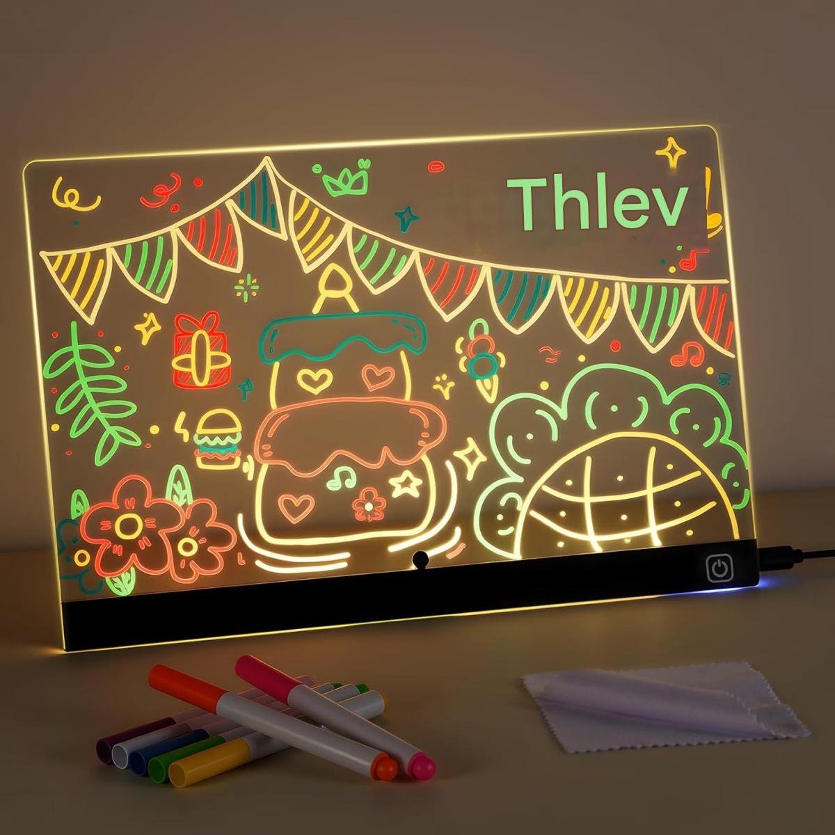 GELLDG Kleurrijk LED-tekenbord - LED-tekenbord - LED-tekenbord voor kinderen - Transparant acrylmateriaal - Zevenkleurige verlichting - Met schakelaar - Uitwisbaar en beschrijfbaar - Geschikt als schrijfbord en notitieblok - 30x20 cm