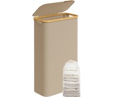 Novendo Goods – Slanke 65L wasmand met deksel & verwijderbare waszak - Opvouwbare wasverzamelaar met bamboe handgrepen voor smalle ruimtes & wasruimte