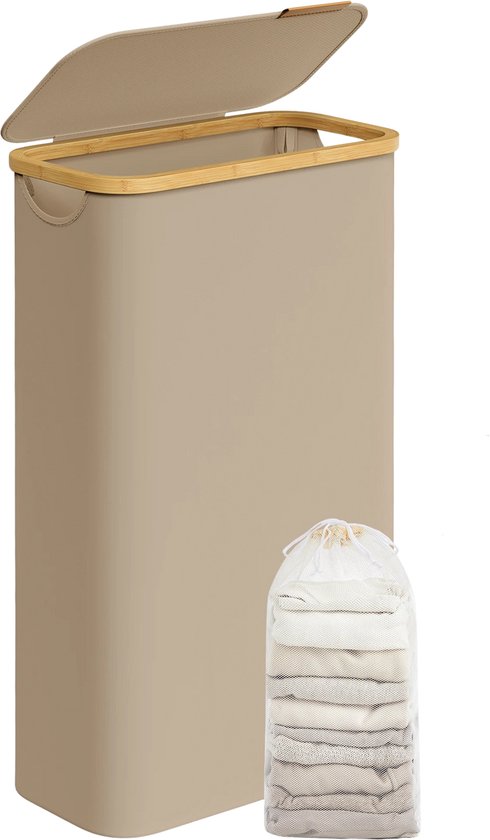 Novendo Goods – Panier à linge élancé 65L avec couvercle et sac à linge amovible - Collecteur de linge pliable avec poignées en bambou pour espaces étroits et buanderie