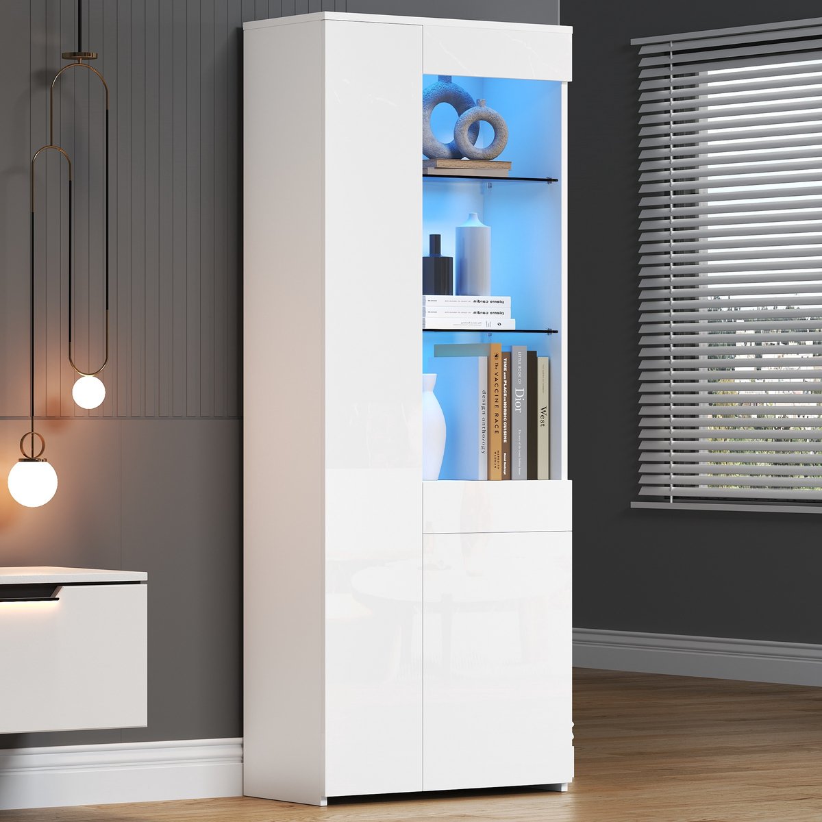 Vitrinekast - 70x35x180 cm - Hoogglans met LED - met Laden en Scheidingswanden - Glas - Wi