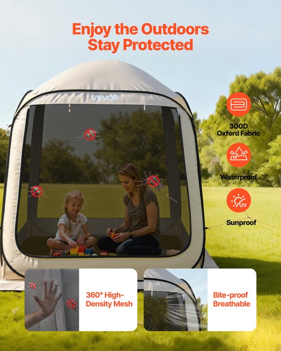 VEVOR Campingtent, 182,88 x 182,88 x 219,4 cm, feesttent voor 4-6 personen, pop-up tent met draagtas, gaaswanden en haringen, voor tuin, terras en buitenactiviteiten, beige van Merkloos — afbeelding 3