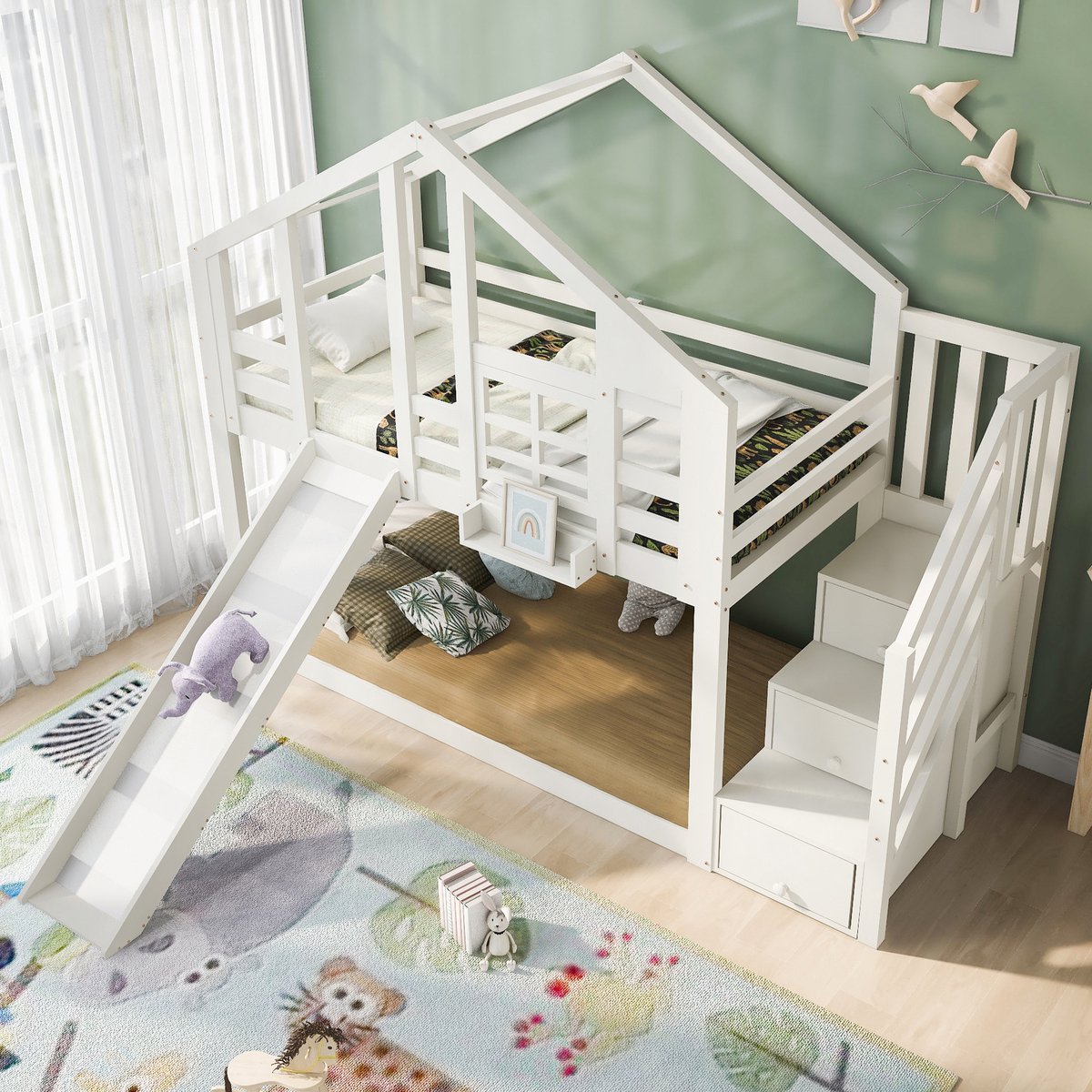 MIVRAY Kinder Stapelbed 90x200 cm Zonder Matras - Boomhuis Met Glijbaan En Uitvalbeveiliging - Met Opbergtrap - Massief Hout MDF - Wit