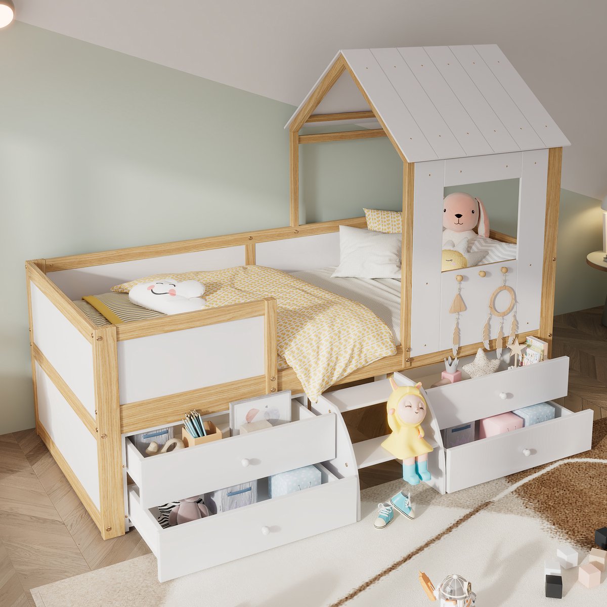 MIVRAY Halfhoog Kinderbed 90x200 cm - Huisbed Met Dak En Raam - Met 4 Laden En Kleine Trap - Hout - Wit En Naturel