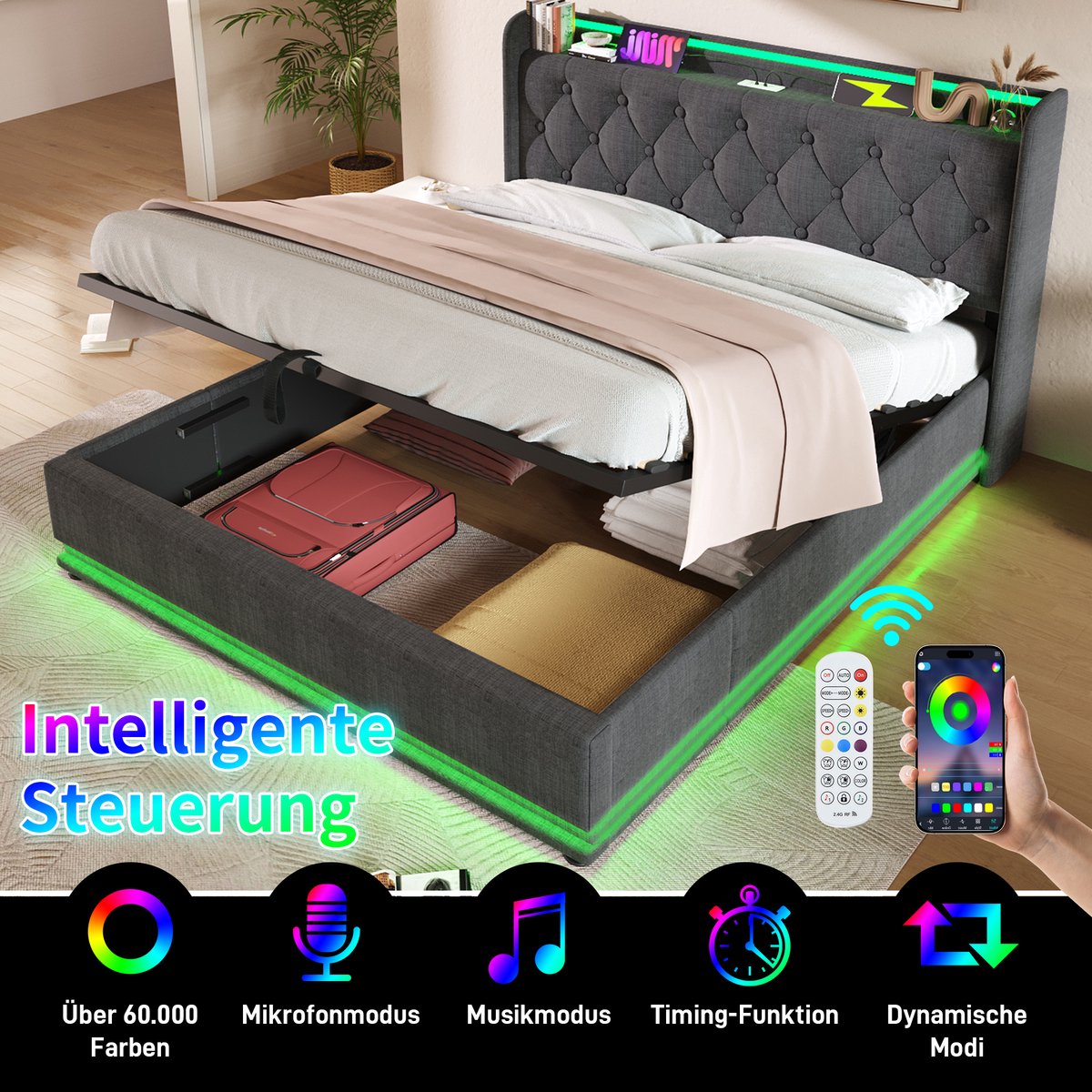 MIVRAY Gestoffeerd Bed 140x200cm Zonder Matras - Rondom Led Verlichting Met Bediening - Met Opbergruimte En Usb C - Linnen - Grijs