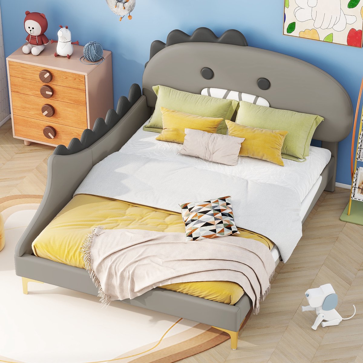 MIVRAY Kinderbed 140x200 Cm - Dinosaurus Hoofdbord Met Cartoon Design - Onderhoudsvriendelijk - Pu En Mdf - Grijs - Zonder Matras