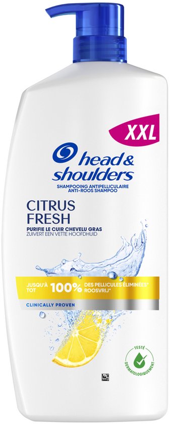 Flacon pompe blanc avec bouchon bleu. Étiquette "Head & Shoulders Citrus Fresh" et "XXL". Motif de citrons et éclaboussures d'eau.