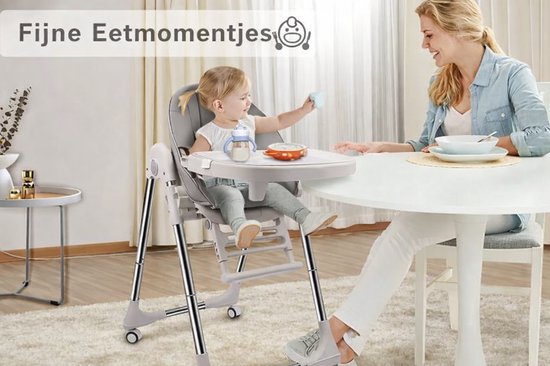 Kinderstoel -Opvouwbare meegroeiende Baby- Verstelbare hoogte - Afneembaar eetblad - 4 Zwenkwielen - Comfortabele zitting-Grijs — afbeelding 4