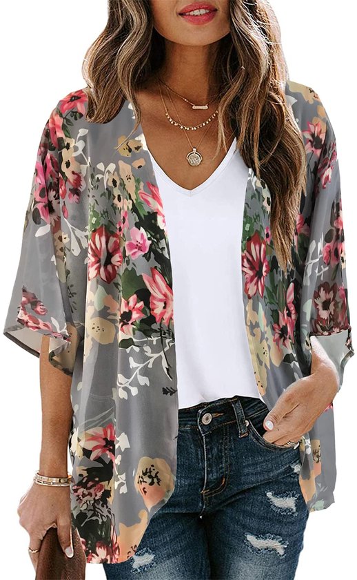 Geweo Cache-maillot pour femme - Paréo long, tunique ou kimono de style bohème | Robe d'été légère comme cache-maillot de bikini | Taille unique - Gris