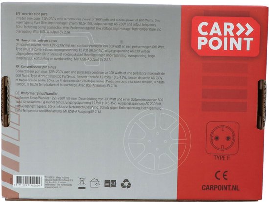 Doos van de Carpoint omvormer met productinformatie en Type F stopcontact symbool.