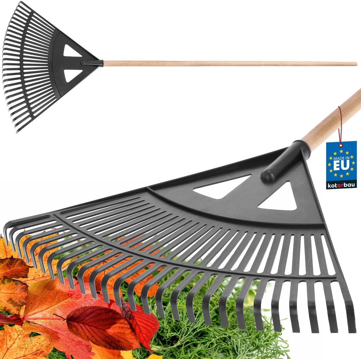 KOTARBAU® Bladhark, Tuinhark van Kunststof, 58 cm, Zwart, met Steel, Gazonhark, Waaierbezem, Lichtgewicht Hark, Stevige Hark,