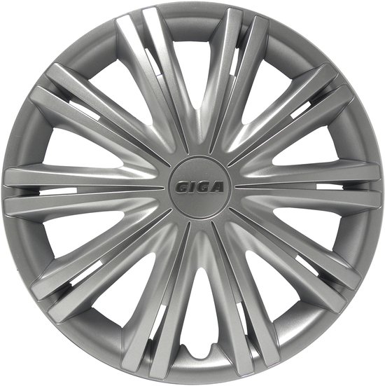 Enjoliveur gris avec 15 rayons et logo "GIGA" au centre.