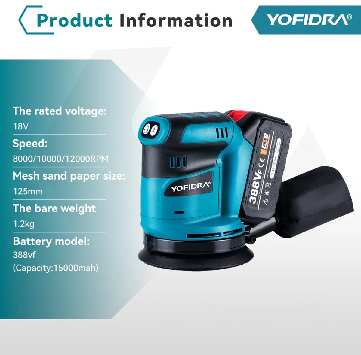 Sensova 125 mm Draadloze Vlakschuurmachine voor Makita Accu met 2 Accu’s, 3 Snelheden 8000–12000 RPM, Schuur- en Polijstmachine voor Houtbewerking en Thuis Doe-Het-Zelf – foto 2