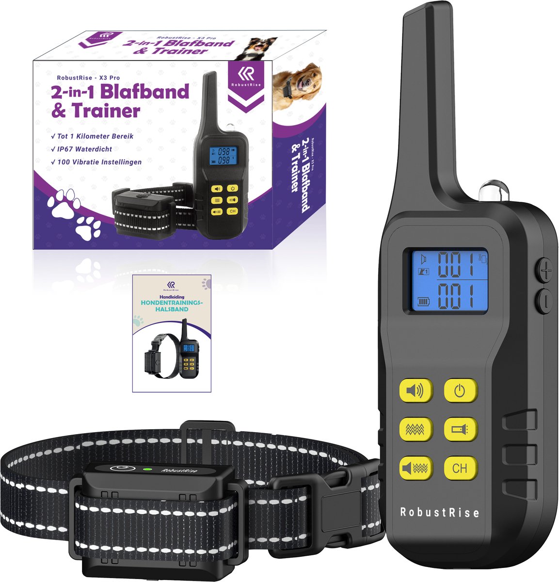 RobustRise X3 Pro - Anti Blafband voor Honden - Trainingshalsband - Geluid & Vibratie - Waterdicht