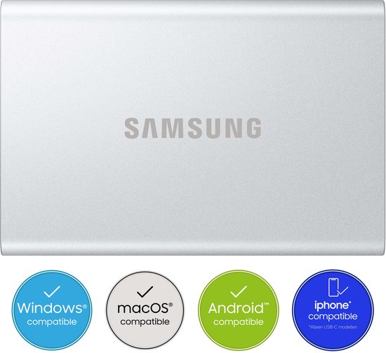 Samsung Portable T7 Resurrected - Externe SSD - USB C 3.2 - Inclusief USB C kabel - Geschikt voor iPhone USB C - 1 TB - Zilver