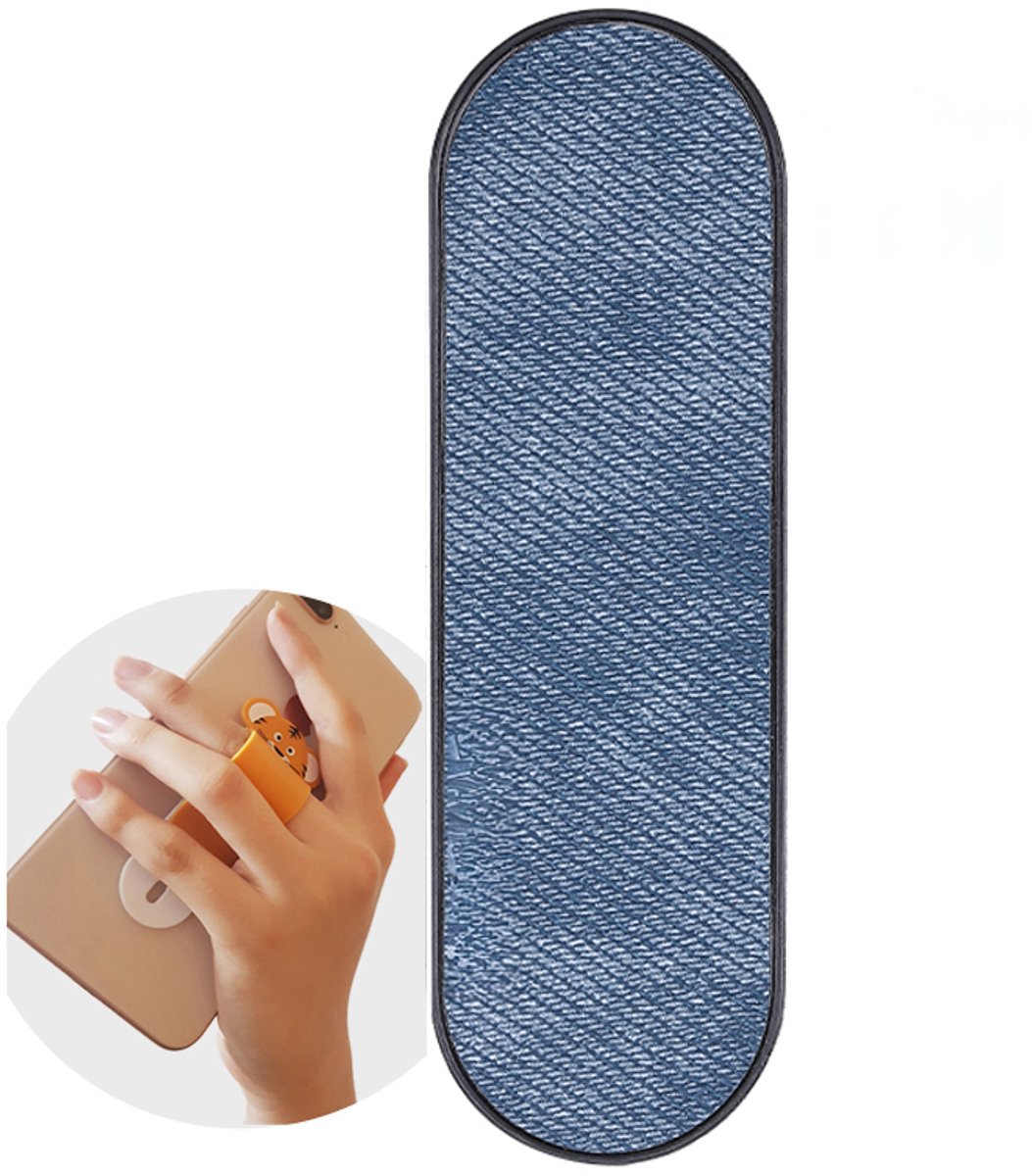 FingerGrip® - verstelbare flexibele GSM vingerhouder / Telefoonring grip / vingerhouder / telefoonring standaard / selfiehouder / telefoonhouder / ringhouder / telefoonstandaard – Spijkerbroek stof - Blauw