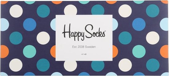 Een gesloten geschenkverpakking van Happy Socks met donkerblauwe ondergrond en veelkleurige grote stippen.
