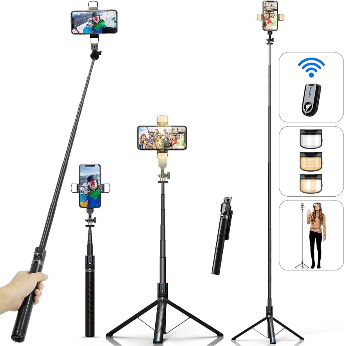 Famanu – Telefoonstatief met selfiestick en ledverlichting 180 cm, uitschuifbaar statief met afstandsbediening voor smartphones