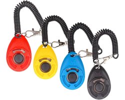 Sander Shop Hondenklikker, [4 stuks, meerkleurig] Hondentraining Clicker met polsband voor hond kat paard clickers voor hondentraining lichtgewicht duurzame puppy clicker trainingskit, cadeau(Zwart & Geel & Rood & Blauw)