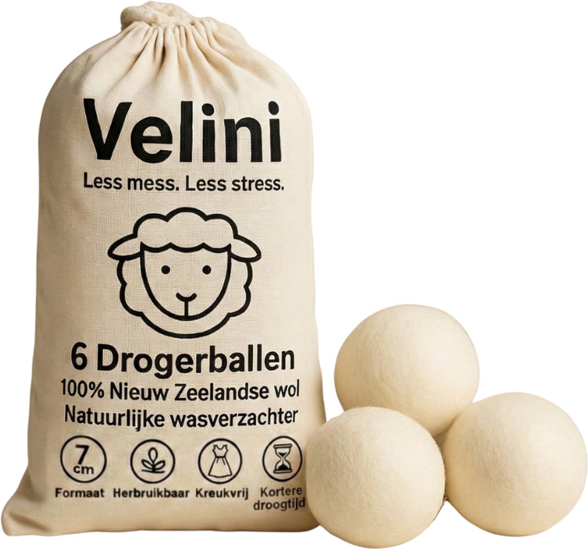Velini Drogerballen 100% Wol - 6 Stuks (7 cm) - Snellere Droogtijd & Minder Kreukels - Met Katoenen Bewaarzak