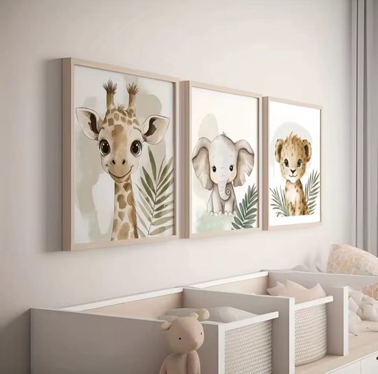 Canvas Posters Babykamer - Set van 3 Jungle Dieren - Giraf, Olifant en Leeuw - A3 - Zonder Lijst — afbeelding 2