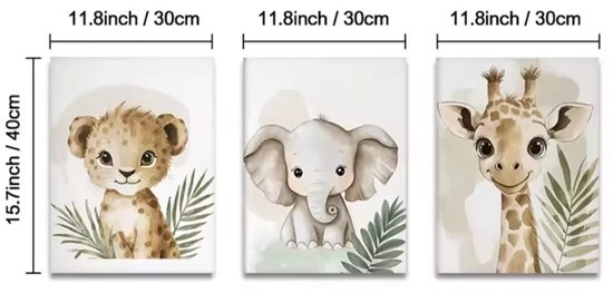 Canvas Posters Babykamer - Set van 3 Jungle Dieren - Giraf, Olifant en Leeuw - A3 - Zonder Lijst — afbeelding 3