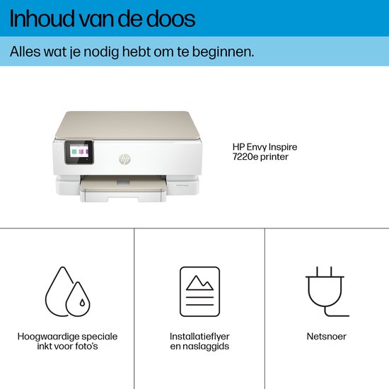 HP Envy Inspire 7220e printer en inhoud van de doos: inkt, installatieflyer en netsnoer.