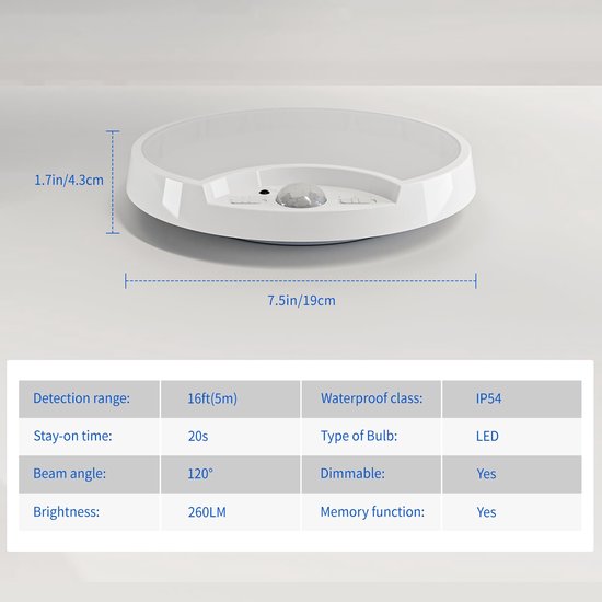 Ronde, witte LED-plafondlamp van 19 cm breed en 4,3 cm hoog, met bewegingssensor en IP54 waterdichtheid.