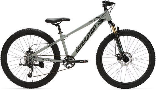 Vélo VTT gris Generation X8, vue latérale. Pneus, selle et guidon noirs. Fourche avant dorée.