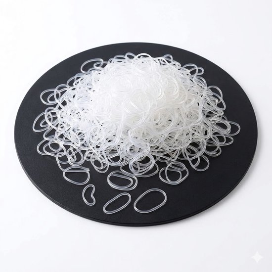 Een hoop transparante mini haar elastiekjes op een zwarte ronde ondergrond.