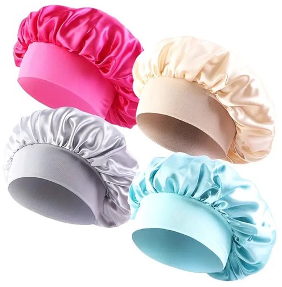 Set van 4 satijnen haar bonnets dames – elastische slaapmutsen met brede band – satijnen haarmutsen tegen pluis en wrijving – antikroes slaap caps in roze, beige, zilverkleurig en lichtblauw