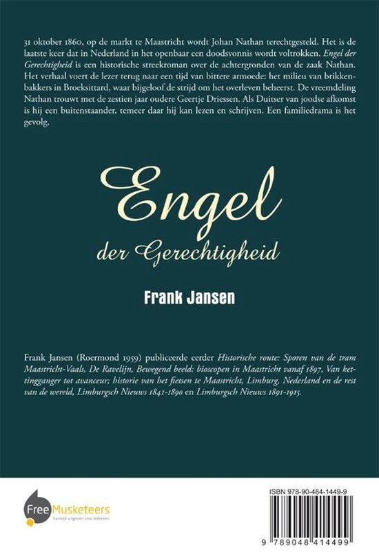 Boekcover 'Engel der Gerechtigheid' van Frank Jansen. Tekst over een historisch proces en familiedrama in Broeksittard 1857-1860.