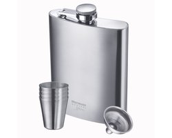 Westmark Pocket Hip Flask (volume 236 ml) inclusief mini-trechter + roestvrijstalen shotglaasjes/mini drinkbekers (30 ml elk), bedoeld voor onderweg, Monopol Edition, 18/8 roestvrij staal, Delano/Mendo, zilver, 615633E6
