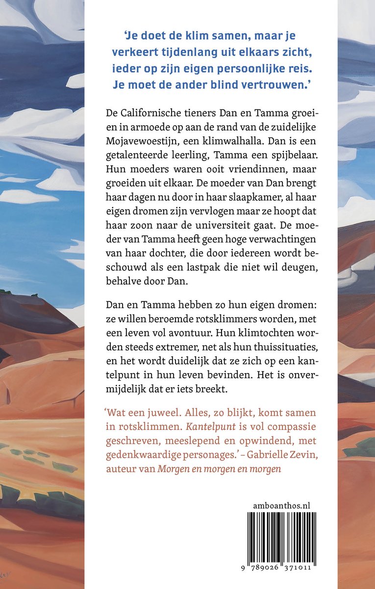 Achterkant van het boek 'Kantelpunt' met tekst en barcode. Tekst bevat citaten over het boek.