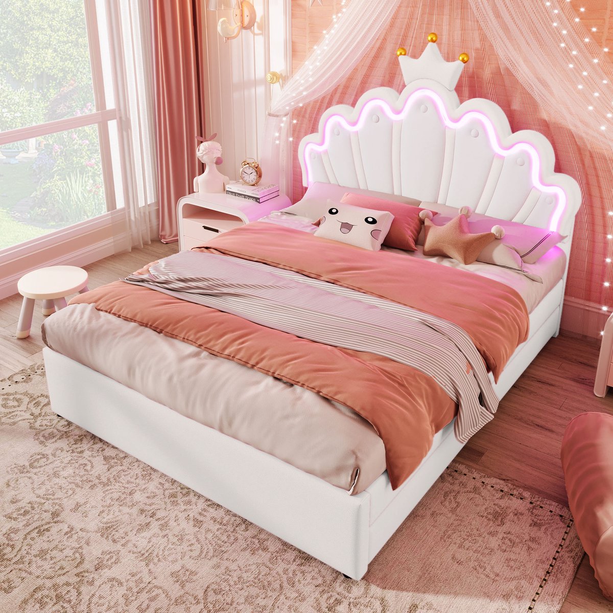 MIVRAY Gestoffeerd Kinderbed 140x200cm - Met Sfeerverlichting Met Afstandsbediening - Met 2 Lades - PU - Wit - Zonder Matras