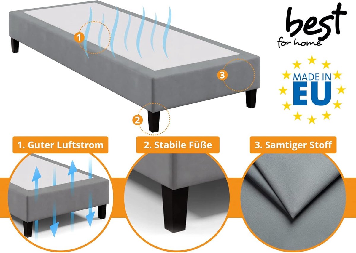 Boxspring Bedframe 90x200 cm – Luxe Hotelbed Frame Zonder Matras – Massief Houten Boxspring Onderstel met Stof Trinity Waterafstotend & UV-Bestendig Grafietgrijs – Pauwhome