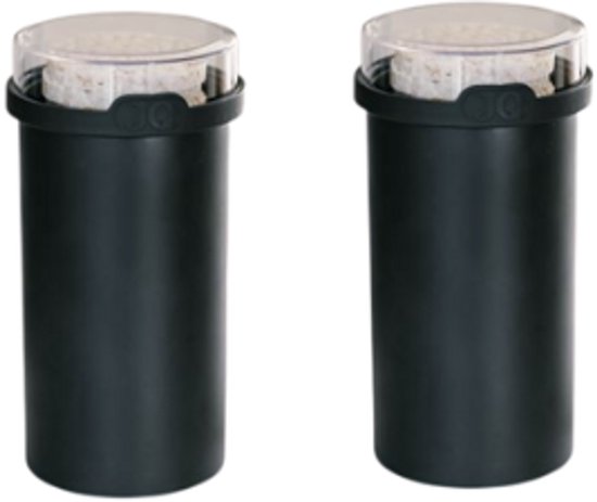 Deux boîtes de conservation noires cylindriques pour biscottes avec couvercles transparents, sur fond blanc.