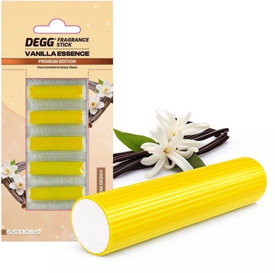Verpakking met 5 gele geurstaafjes, "Vanilla Essence". Losse geurstaafje met vanillebloemen.