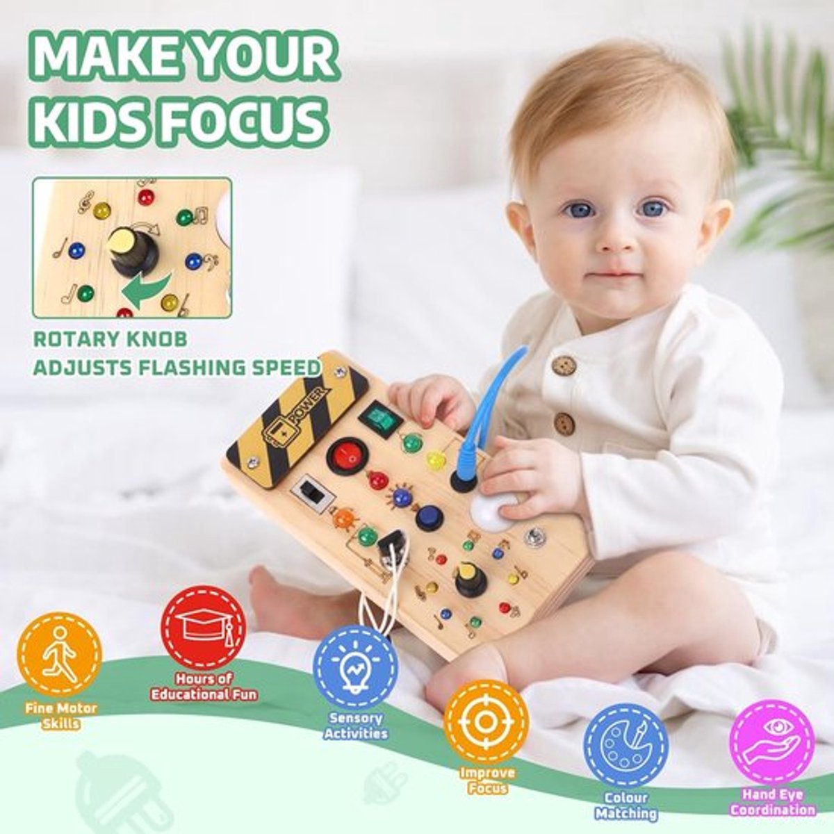 Montessori Busy Board met LED Lichtjes - Houten Activiteitenbord - Educatief Speelgoed 1 Jaar, 2 Jaar, 3 Jaar - Sensorisch Reisspeelgoed voor Peuters - Motoriek Speelgoed — afbeelding 4