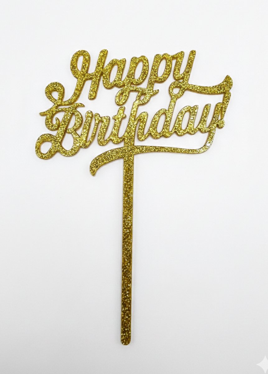 Taarttopper Happy Birthday – Glitter Goud – 13 cm – Verjaardag Feestdecoratie