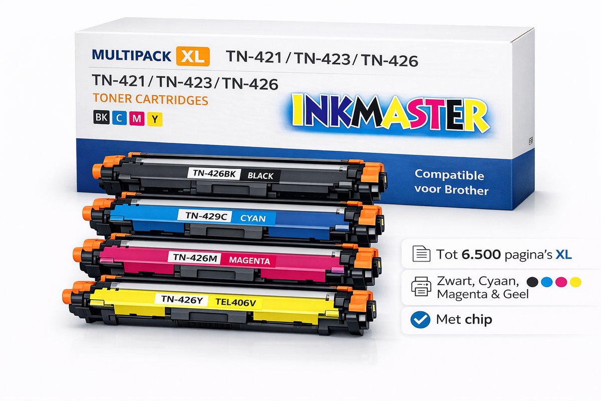 Image of Inkmaster Premium Toner Multipack TN-421 / TN-423 / TN-426 – Geschikt voor Brother – Zwart, Cyaan, Magenta, Geel
