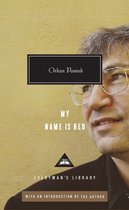Boek 'My Name Is Red' van Orhan Pamuk op een gele achtergrond met horizontale lijnen. Portret van de auteur.