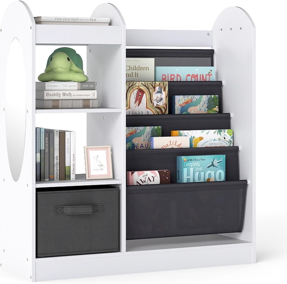 KOMFOTTEU Houten kinderboekenkast, speelgoedrek met 3 planken, boekenkast met 4 niveaus, verwijderbare stoffen lade en passpiegel, voor kinderkamer en speelkamer (wit)